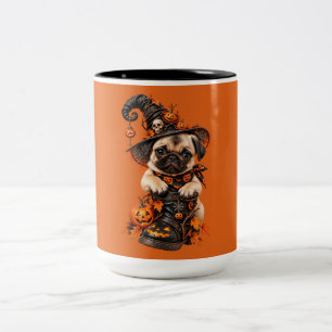 Caneca De Café Em Dois Tons Bruxa Pug Fofa Abóbora de Halloween