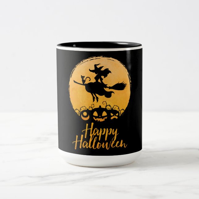Caneca De Café Em Dois Tons Bruxa Voadora Feliz Halloween (Centro)
