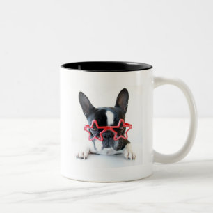 Caneca De Café Em Dois Tons Buldogue francês com vidros vermelhos da estrela