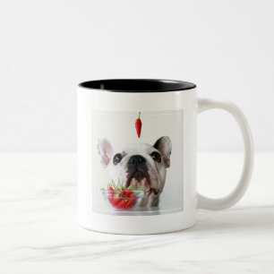 Caneca De Café Em Dois Tons Buldogue francês que olha uma pimenta vermelha