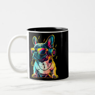 Caneca De Café Em Dois Tons Bulldog Francês Retrowave com Fones de ouvido e Su
