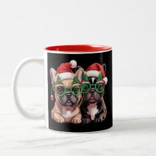 Caneca De Café Em Dois Tons Bulldog Francês Usando Óculos de Árvore de Natal 