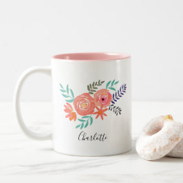 Caneca De Café Em Dois Tons Buquê de Flor de Cor de Água Rosa Coral Personaliz