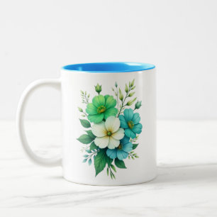 Caneca De Café Em Dois Tons Buquê de Flores Brancas Azuis-57453