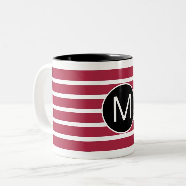 Caneca De Café Em Dois Tons Burgundy and Black Striped Monogram (Frente Esquerda)