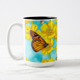 Caneca De Café Em Dois Tons Buttercups, Abelhas e Borboletas em Nuvens
