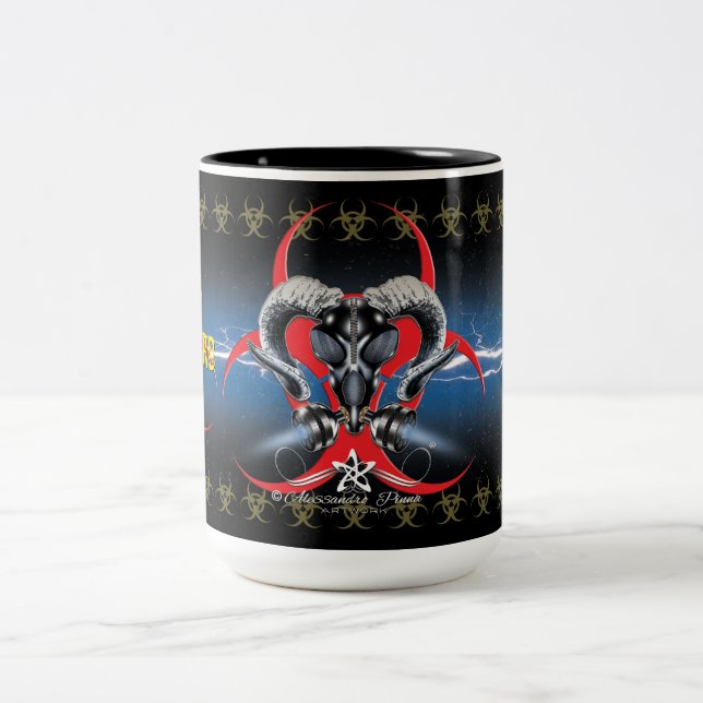 CANECA DE CAFÉ EM DOIS TONS BW! ADVERTÊNCIA BIOHAZARD! CAVEIRA (Centro)