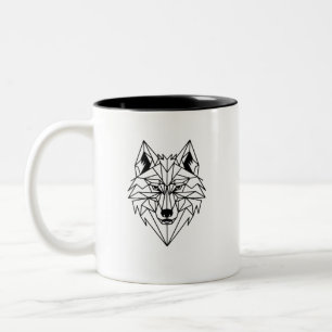 Caneca De Café Em Dois Tons Cabeça de Lobo Geométrico com Linhas Afiadas