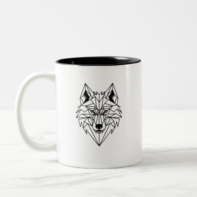 Caneca De Café Em Dois Tons Cabeça de Lobo Geométrico com Linhas Afiadas (Esquerda)