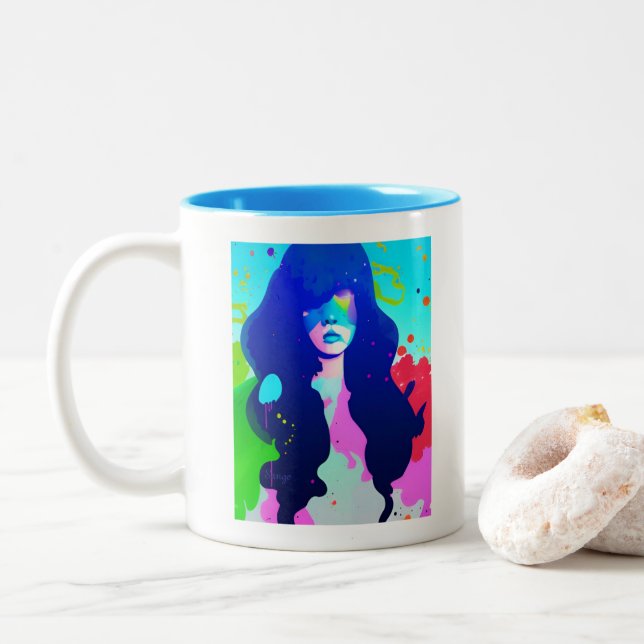 Caneca De Café Em Dois Tons Cabelo Azul Não se importa (Com Donut)