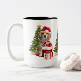 Caneca De Café Em Dois Tons Cachorro de Natal com Chapéu de Papai Noel  