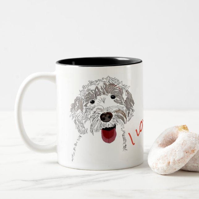 Caneca De Café Em Dois Tons Cachorro Gelado, Feliz, Adorando Labradoodle (Com Donut)