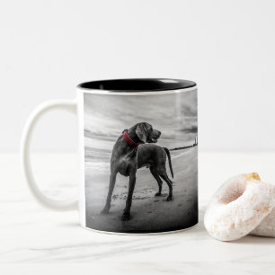 Caneca De Café Em Dois Tons Cachorro na praia, preto e branco, com colarinho v