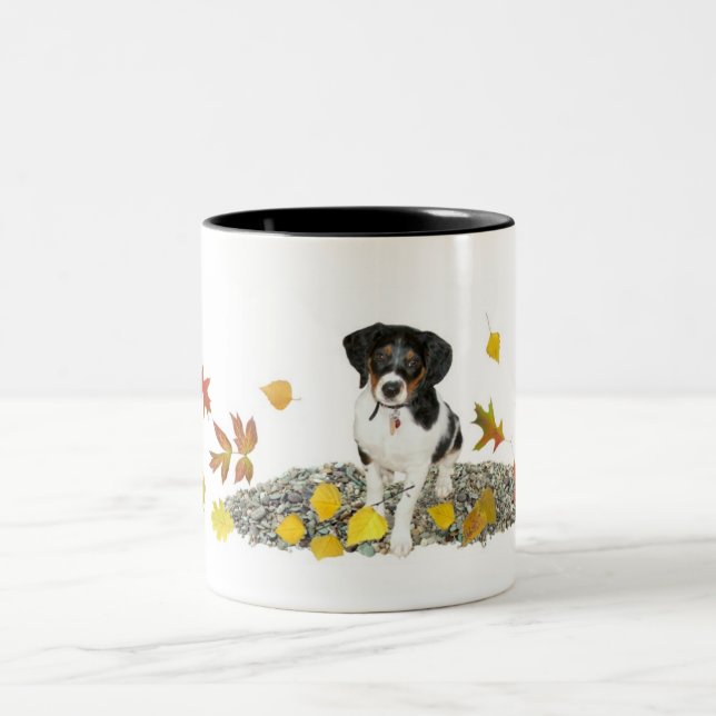 Caneca De Café Em Dois Tons Cachorro nas Folhas de outono (Centro)