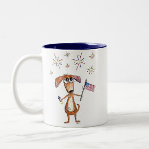 Caneca De Café Em Dois Tons Cachorro Patriótico Branco Cujo Sino é Bandeira