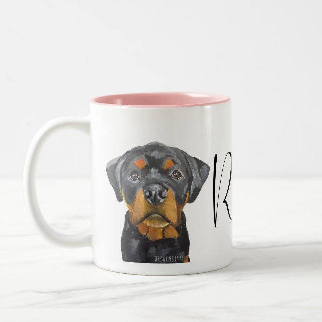 Caneca De Café Em Dois Tons Cachorro Roxy Rottweiler Personalizado (Esquerda)