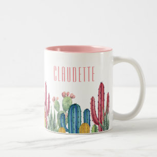 Caneca De Café Em Dois Tons Cactos Coloridos   Tema do deserto