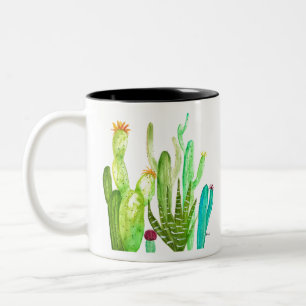 Caneca De Café Em Dois Tons Cactos verdes plantas suculentas aquarela