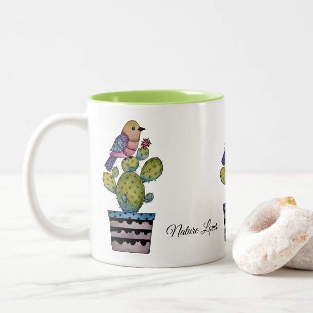 Caneca De Café Em Dois Tons Cactus E Ave Arco-Íris Em Aquarela (Com Donut)