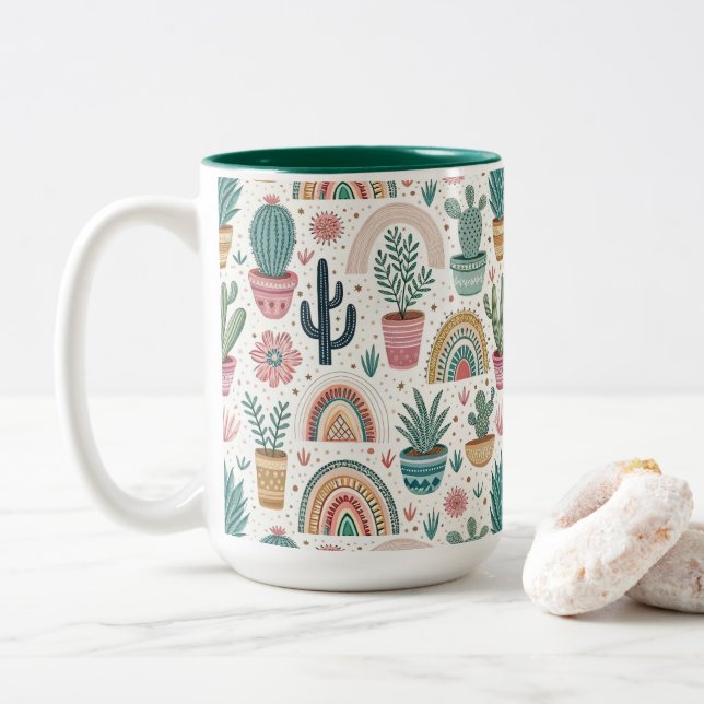 Caneca De Café Em Dois Tons Cactus Pot with Plants, Flowers and Rainbows (Com Donut)