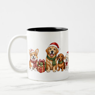 Caneca De Café Em Dois Tons Cães Fofos Usando Chapéus de Papai Noel Design de 