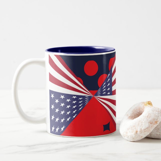Caneca De Café Em Dois Tons Café com Bandeira Vermelha Patriótica e Azul, Tea  (Com Donut)