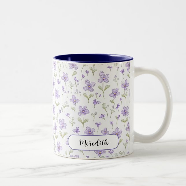Caneca De Café Em Dois Tons Café com Violetas Roxo de Porcelana (Direita)