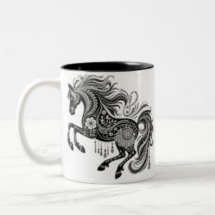 Caneca De Café Em Dois Tons Café de Arte Floral Ornamental Cavalo Boho Mandala