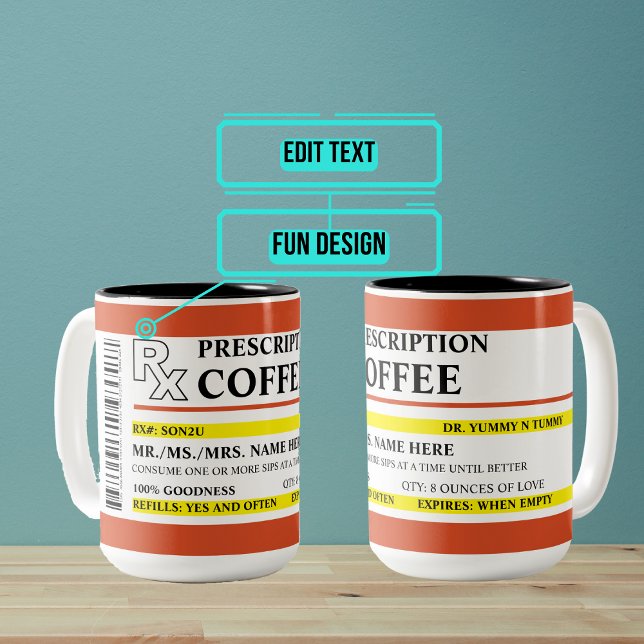 Caneca De Café Em Dois Tons Café de Prescrição (This customized mug is sure to bring a smile to the recipient and it's just what the doctor ordered.)