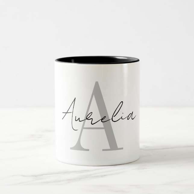 Caneca De Café Em Dois Tons Cálculo de Script de Nome do Monograma Personaliza (Centro)