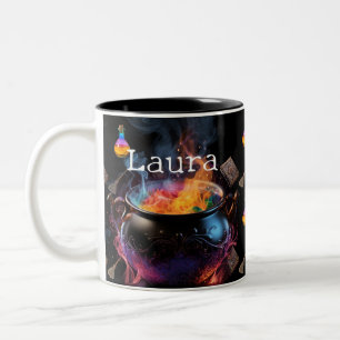 Caneca De Café Em Dois Tons Caldeirão com Livro, Broom e Poção