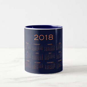 Caneca De Café Em Dois Tons Calendário 2018 Marinho de cobre mínimo com Rosa a