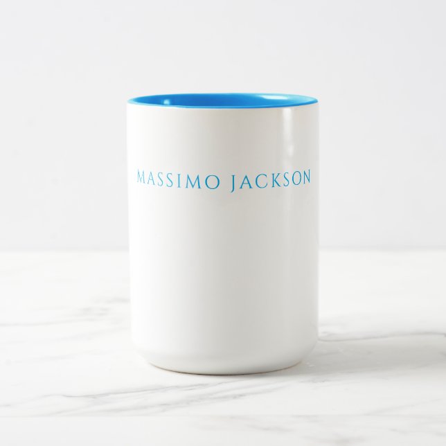 Caneca De Café Em Dois Tons Caligrafia de Nome Script Simples Branco Azul (Centro)