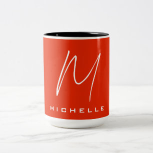 Caneca De Café Em Dois Tons Caligrafia monograma branco na moda vermelho seu n