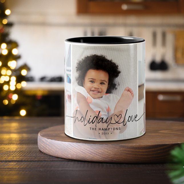 Caneca De Café Em Dois Tons Calliografia Feriado Amor 3 Fotos (Calligraphy Holiday Love 3 Photos Two-Tone Coffee Mug)