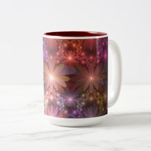 Caneca De Café Em Dois Tons Cama De Flores Colorida Abstrata Arte Fractal Bril
