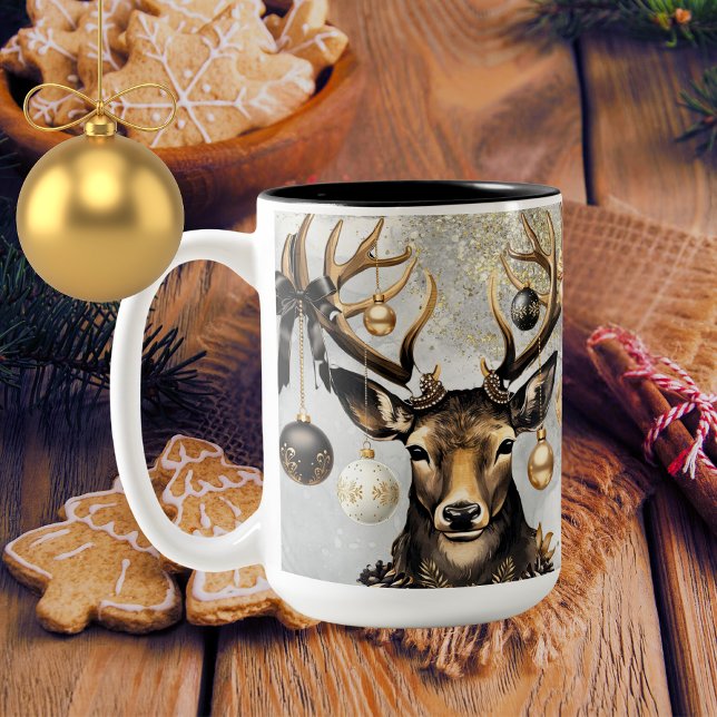 Caneca De Café Em Dois Tons Cama de inverno veado de inverno - 15oz Mug (This Christmas Winter deer will make a beautiful keepsake for you or a friend )