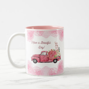 Caneca De Café Em Dois Tons Caminhão de Colheita Rosa Vintage com Flores