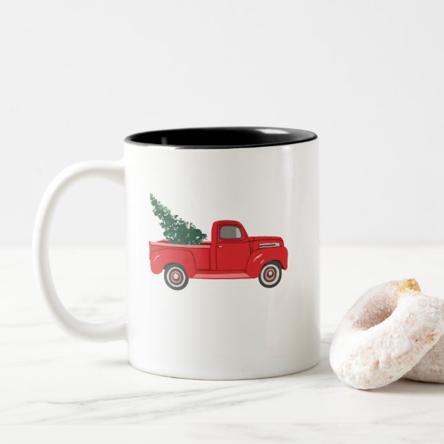Caneca De Café Em Dois Tons Caminhão Vermelho com Arte em Árvore (Com Donut)