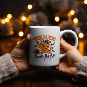 Caneca De Café Em Dois Tons Camisa de Halloween da Energia do Gato Laranja