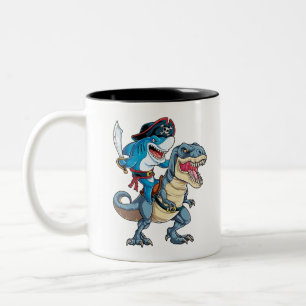 Caneca De Café Em Dois Tons Camisa de Pirata de Dinossauro Andando de Tubarõe