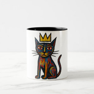 Caneca De Café Em Dois Tons Camiseta Gráfica Gato Coroa Selvagem – Arte de Gat