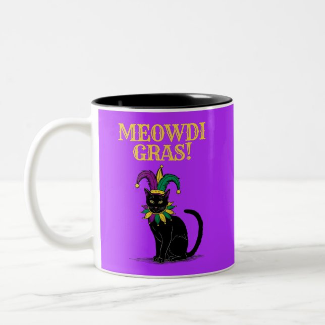 Caneca De Café Em Dois Tons Camiseta Gras Cat Mardi, Engraçado Meowdi Gras Tee (Esquerda)