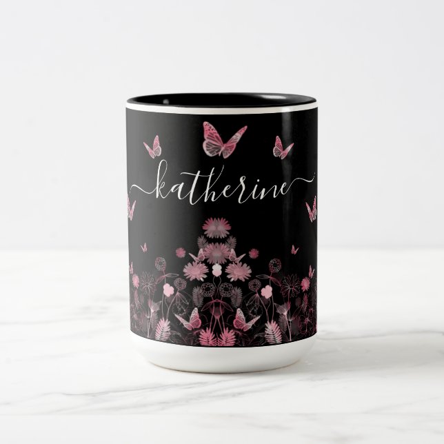 Caneca De Café Em Dois Tons Campo de flores com borboletas (Centro)