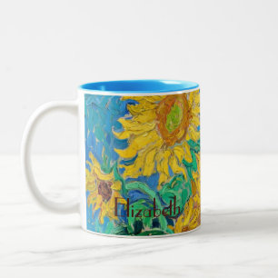 Caneca De Café Em Dois Tons Campo de Girassóis Vermelho Laranja Amarelo Azul V