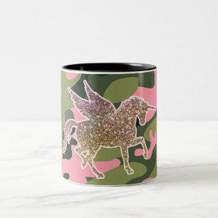 Caneca De Café Em Dois Tons Camuflagem Rosa Verde Camo e Unicórnio com Brilho