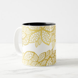 Caneca De Café Em Dois Tons Caneca com Padrão Botânico Elegante em Folha de Ou