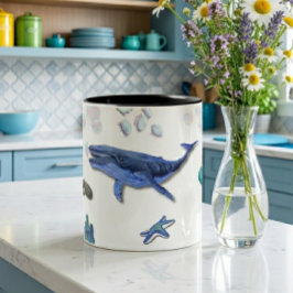 Caneca De Café Em Dois Tons Caneca com padrão de animais marinhos em aquarela