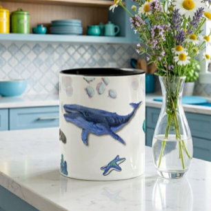 Caneca De Café Em Dois Tons Caneca com padrão de animais marinhos em aquarela 
