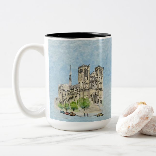 Caneca De Café Em Dois Tons Caneca: Joanna & Grace voando (céu azul claro) (Com Donut)